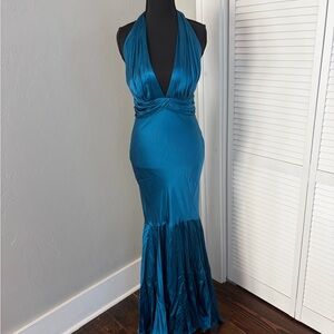 VTG Elegant Teal Halter Silk Gown